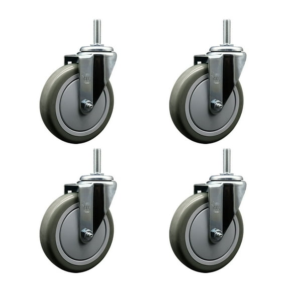 5 Inch Gray Poly Wheel Swivel 3/4 Inch Threaded Stem Caster Set Service Caster
