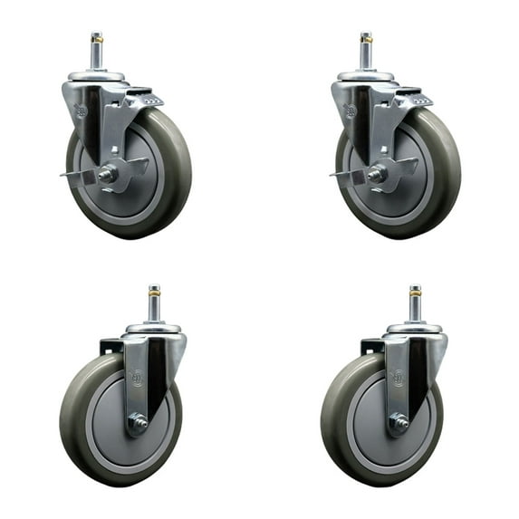 5 Inch Gray Poly Wheel Swivel 7/16 Inch Grip Ring Stem Caster Set 2 Brakes