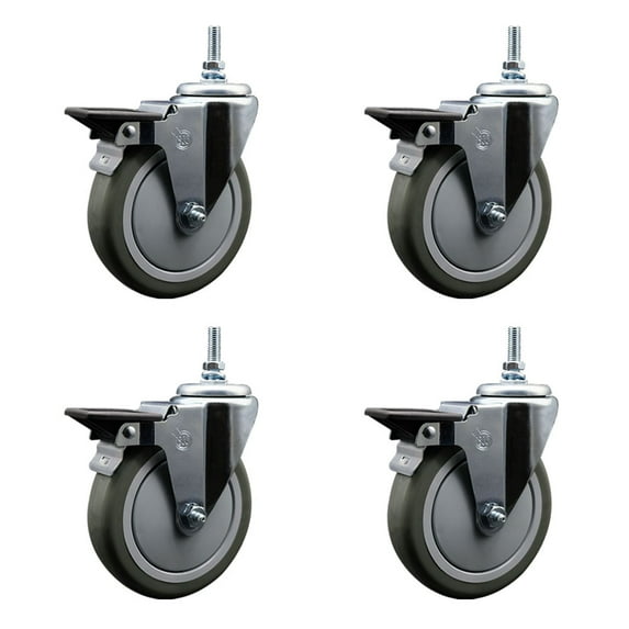 5 Inch Gray Polyurethane 12MM Threaded Stem Caster Set with Brake