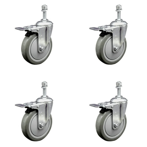 5 Inch Gray Polyurethane Swivel 3/8 Inch Stem Caster Set with Total Lock Brake
