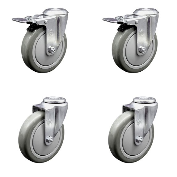 5 Inch Gray Polyurethane Swivel Bolt Hole Caster Set with 2 Total Lock Brake
