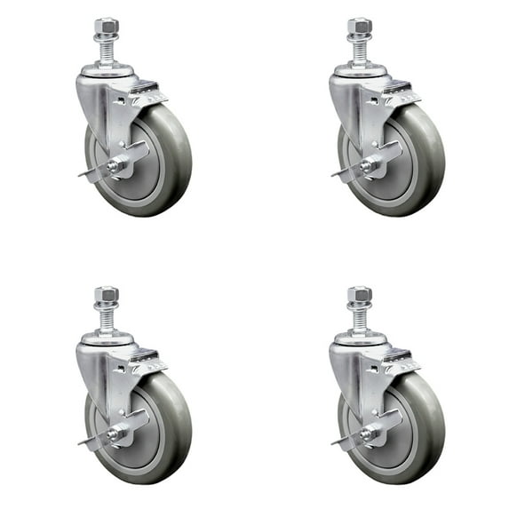 5 Inch Gray Polyurethane Swivel ½ Inch Threaded Stem Caster Set with Brake SCC