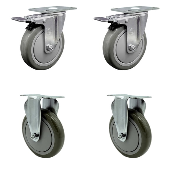 5 Inch Gray Polyurethane Swivel Top Plate Caster Set 2 Lock Brakes 2 Rigid SCC