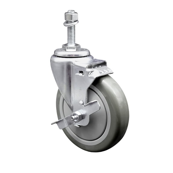 5 Inch Gray Polyurethane Wheel Swivel 10mm Threaded Stem Caster with Brake