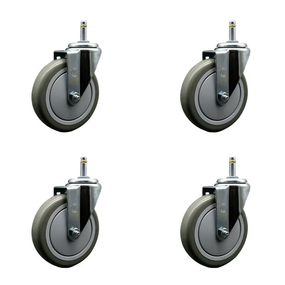 5 Inch Gray Polyurethane Wheel Swivel 7/16 Inch Grip Ring Stem Caster Set SCC