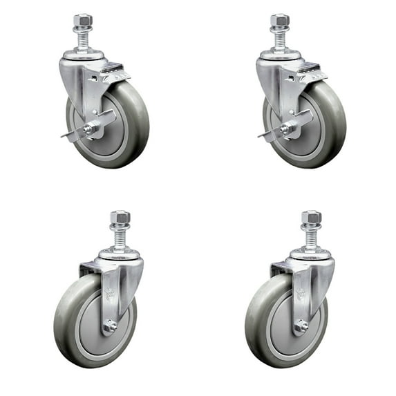 5 Inch Gray Polyurethane Wheel Swivel ½ Inch Threaded Stem Caster Set 2 Brakes