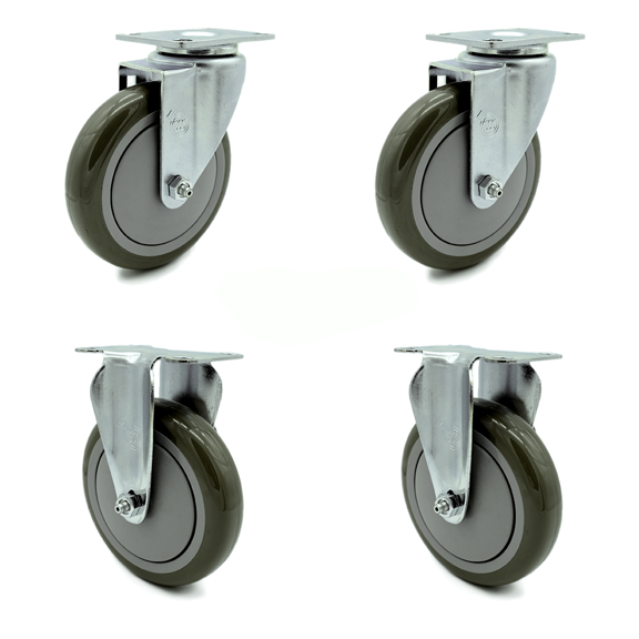 5 Inch Gray Polyurethane Wheel Swivel Top Plate Caster Set with 2 Rigid SCC