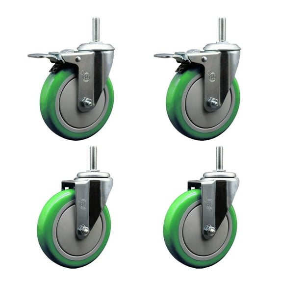 5 Inch Green Poly Swivel 3/4 Inch Threaded Stem Caster Set 2 Total Lock Brakes