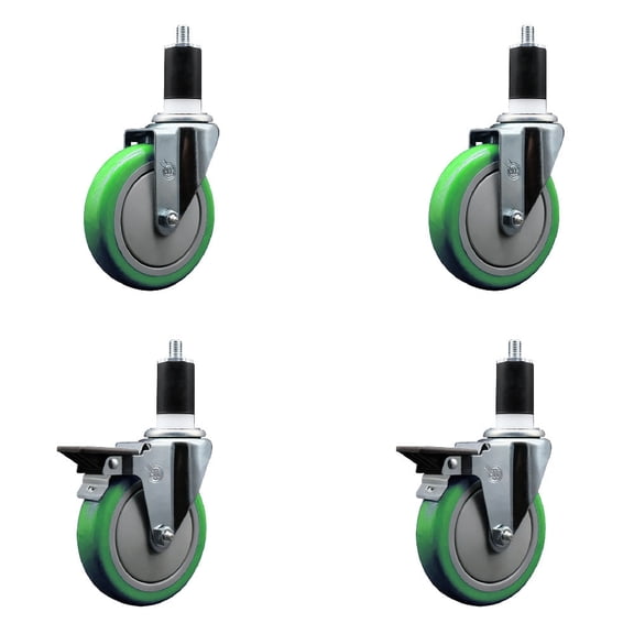 5 Inch Green Poly Wheel Swivel 1-1/2 Inch Expanding Stem Caster Set 2 Brakes SCC