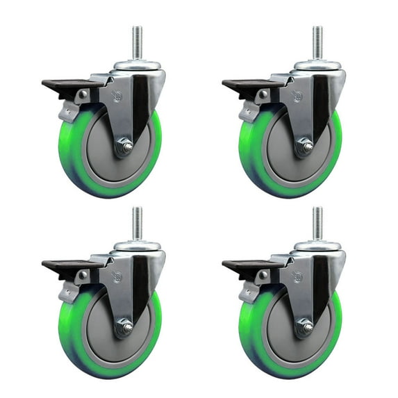 5 Inch Green Poly Wheel Swivel 5/8 Inch Threaded Stem Caster Set with Brake