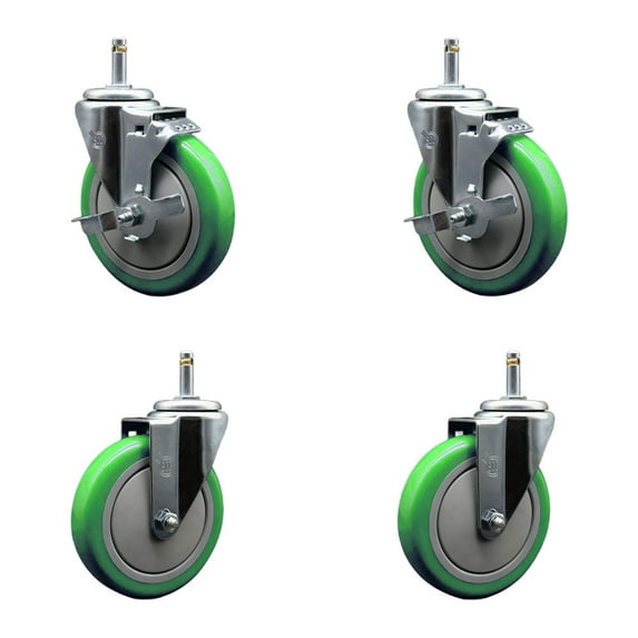 5 Inch Green Poly Wheel Swivel 7/16 Inch Grip Ring Stem Caster Set 2 Brakes
