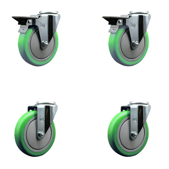 5 Inch Green Poly Wheel Swivel Bolt Hole Caster Set with 2 Posi Lock Brakes SCC
