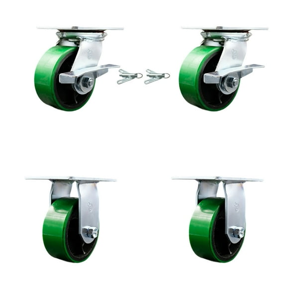 5 Inch Green Poly on Cast Iron Caster Set 2 Brakes/Swivel Locks and 2 Rigid SCC
