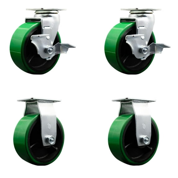 5 Inch Green Poly on Cast Iron Caster Set with Roller Bearings 2 Brakes 2 Rigid