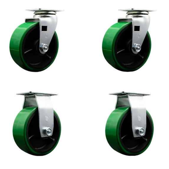 5 Inch Green Poly on Cast Iron Caster Set with Roller Bearings 2 Swivel 2 Rigid