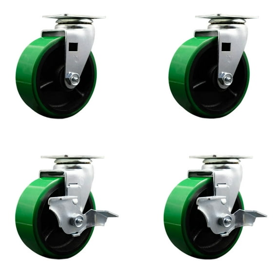 5 Inch Green Poly on Cast Iron Swivel Caster Set with Roller Bearings 2 Brakes