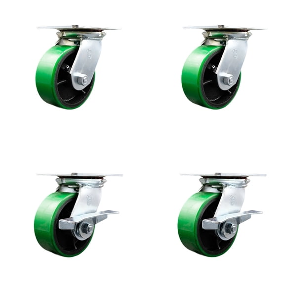 5 Inch Green Poly on Cast Iron Swivel Caster Set with Roller Bearings 2 Brakes