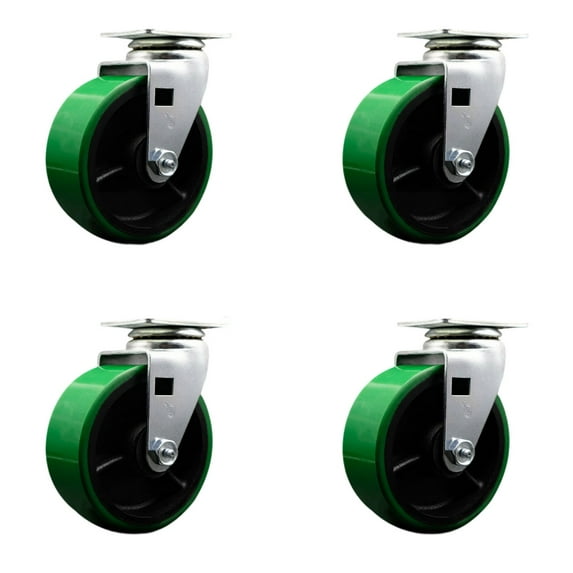5 Inch Green Poly on Cast Iron Wheel Swivel Caster Set with Ball Bearings SCC