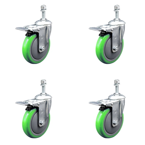 5 Inch Green Polyurethane Swivel 3/8 Inch Stem Caster Set with Total Lock Brake