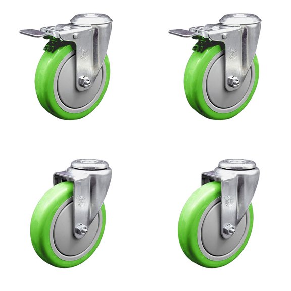5 Inch Green Polyurethane Swivel Bolt Hole Caster Set with 2 Total Lock Brake