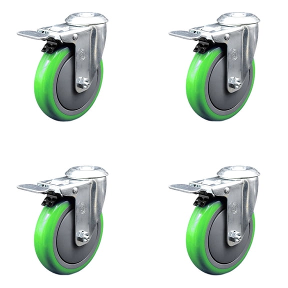 5 Inch Green Polyurethane Swivel Bolt Hole Caster Set with Total Lock Brake SCC