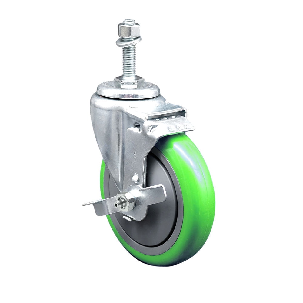 5 Inch Green Polyurethane Wheel Swivel 3/8 Inch Threaded Stem Caster with Brake