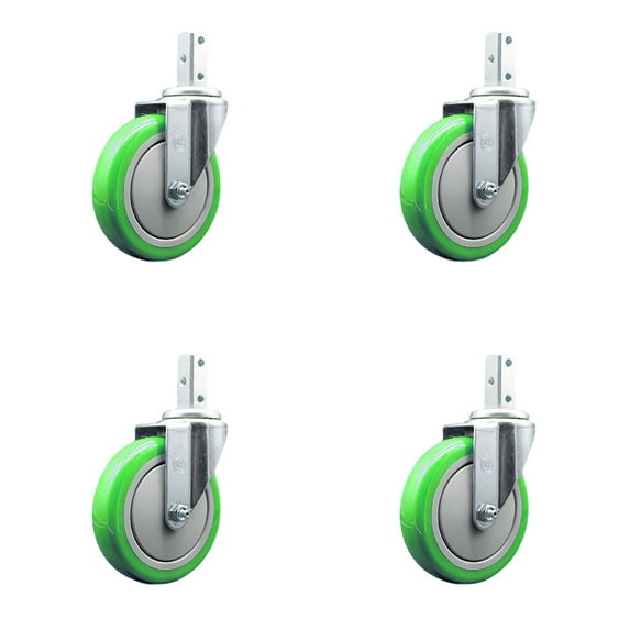 5 Inch Green Polyurethane Wheel Swivel 7/8 Inch Square Stem Caster Set SCC