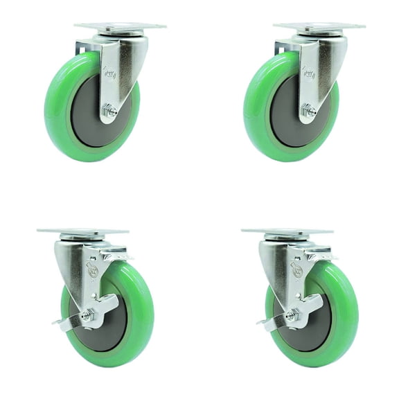 5 Inch Green Polyurethane Wheel Swivel Top Plate Caster Set with 2 Brakes SCC