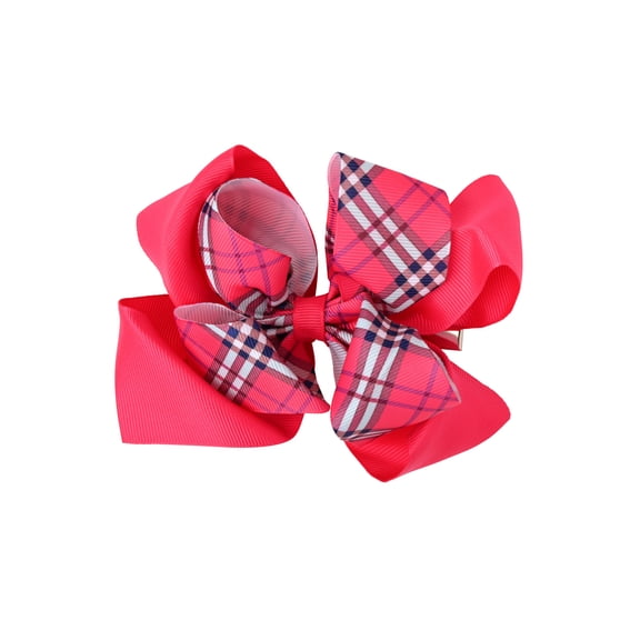 5 Inch Grosgrain Ribbon Hair Bow with Plaid Overlay