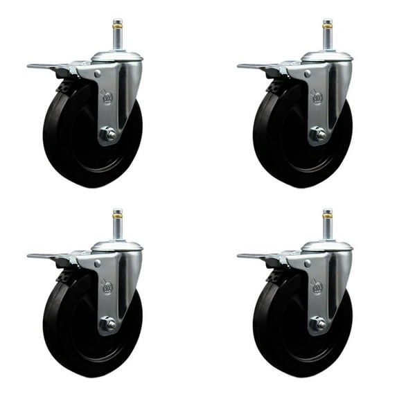5 Inch Hard Rubber Swivel 7/16 Inch Grip Ring Stem Caster Set Total Lock Brake