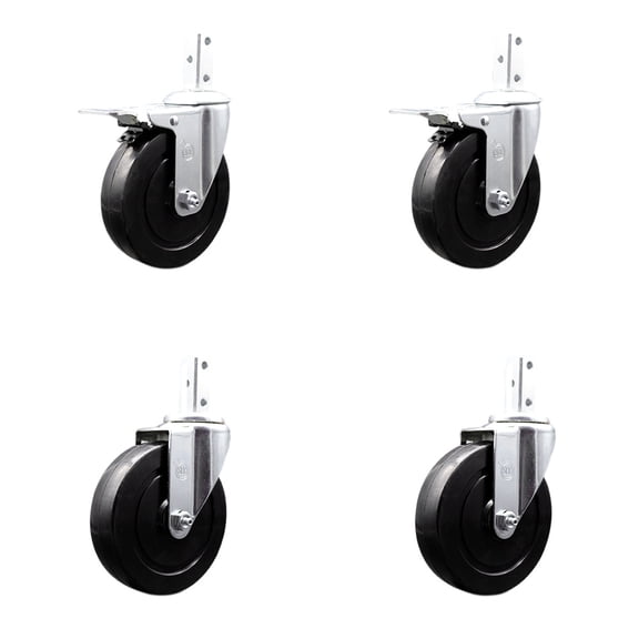 5 Inch Hard Rubber Swivel 7/8 Inch Square Stem Caster Set 2 Total Lock Brakes