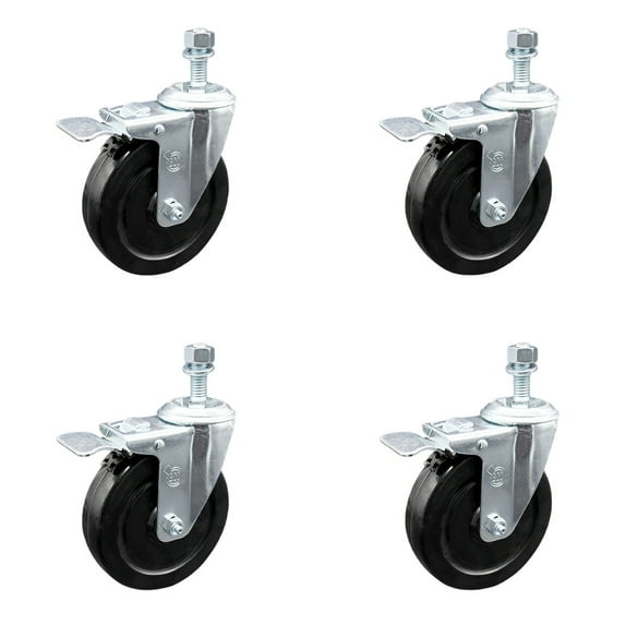 5 Inch Hard Rubber Swivel ½ Inch Threaded Stem Caster Set with Total Lock Brake