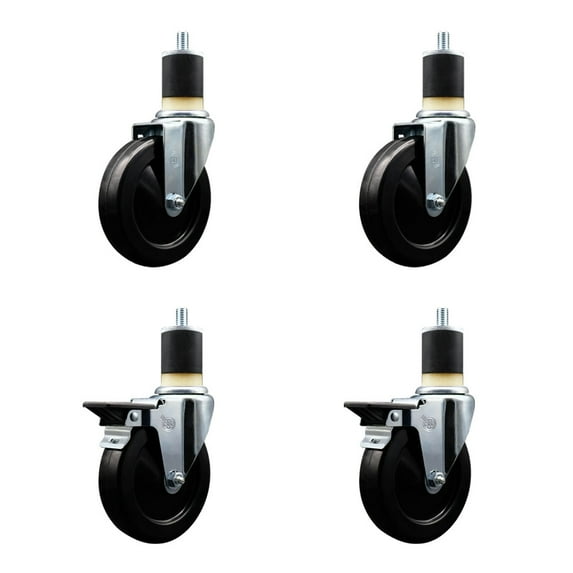 5 Inch Hard Rubber Wheel Swivel 1-7/8 Inch Expand Stem Caster Set 2 Brakes SCC