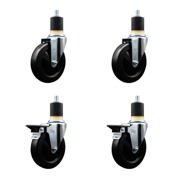 5 Inch Hard Rubber Wheel Swivel 1-7/8 Inch Expand Stem Caster Set 2 Brakes SCC