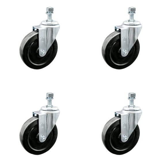 5 Inch Hard Rubber Wheel Swivel 10mm Threaded Stem Caster Set Service Caster