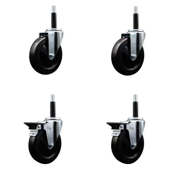 5 Inch Hard Rubber Wheel Swivel 3/4 Inch Expand Stem Caster Set 2 Brakes SCC