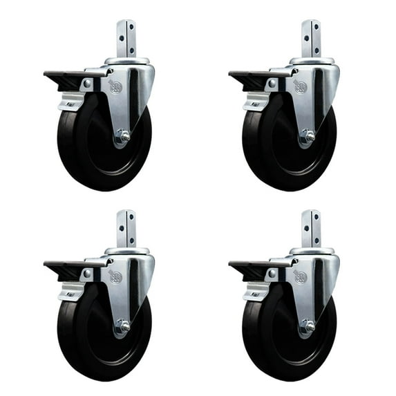 5 Inch Hard Rubber Wheel Swivel 3/4 Inch Square Stem Caster Set with Brake SCC