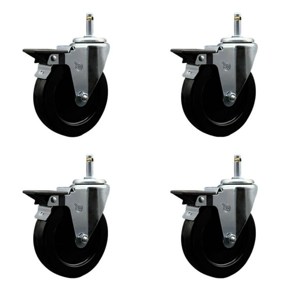 5 Inch Hard Rubber Wheel Swivel 7/16 Inch Grip Ring Stem Caster Set with Brake