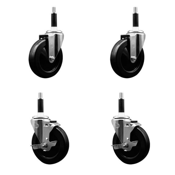 5 Inch SS Hard Rubber Wheel Swivel 7/8 Inch Expand Stem Caster Set 2 Brakes SCC