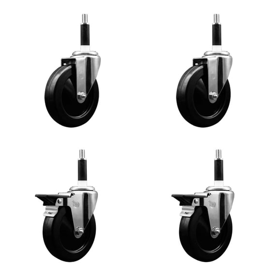 5 Inch Hard Rubber Wheel Swivel 7/8 Inch Expand Stem Caster Set 2 Brakes SCC