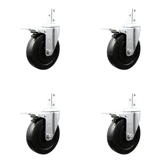 5 Inch Hard Rubber Wheel Swivel 7/8 Inch Square Stem Caster Set Total Lock Brake