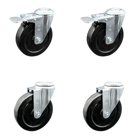 5 Inch Hard Rubber Wheel Swivel Bolt Hole Caster Set with 2 Total Lock Brake SCC