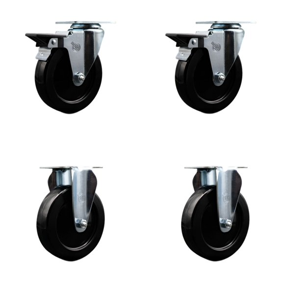 5 Inch Hard Rubber Wheel Swivel Top Plate Caster Set with 2 Posi Brakes 2 Rigid