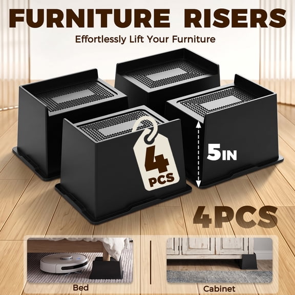 5 Inch Heavy Duty Bed Risers 4 Pack, Oversized Furniture Risers Support 6000 Lbs, Extra Wide Bed Lifts for Bed Frame, Sofa, Desk & College Dorm