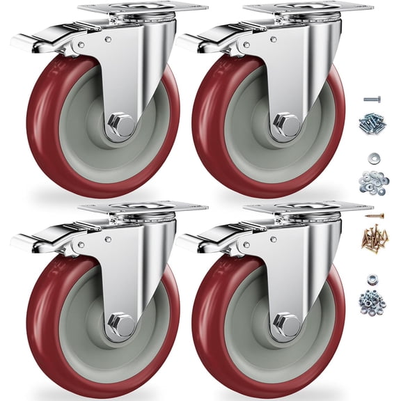 5 Inch Heavy Duty Casters with Brake - Set of 4, 1400lbs Capacity, Double Ball Bearing Non-Marking Caster Wheels, Plate Mount for Furniture, Cart, Workbench, Tool Cabinet, Garage Storage (4 Pack)