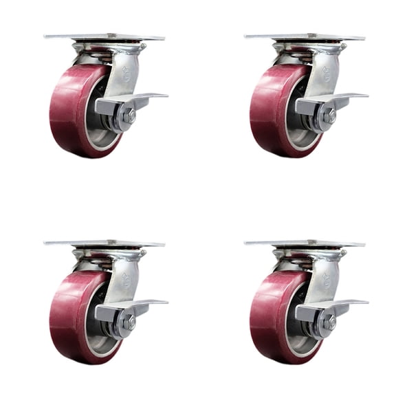 5 Inch Heavy Duty Poly on Aluminum Caster Set with Roller Bearings and Brakes