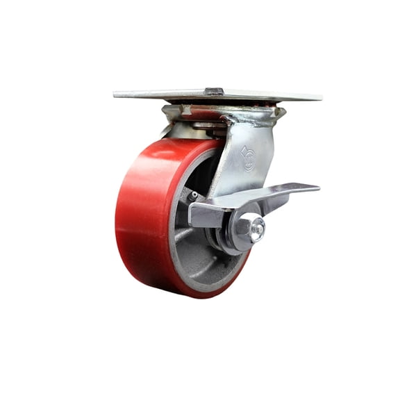 5 Inch Heavy Duty Red Poly on Cast Iron Caster with Roller Bearing and Brake