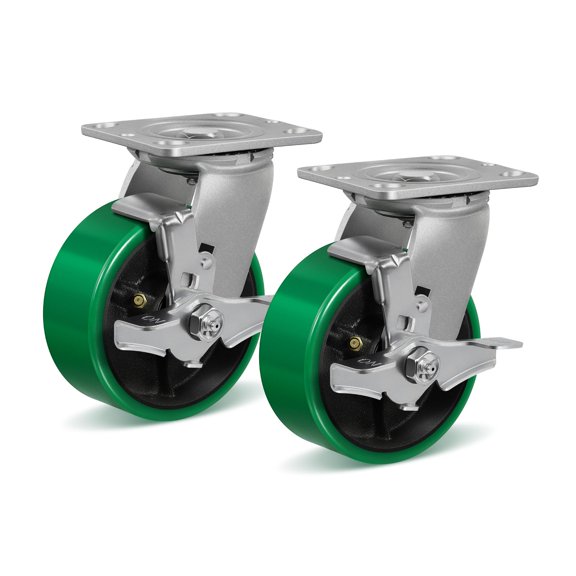 5 Inch Heavy Load Caster Wheels, Durable Polyurethane over Steel Core, 1000lbs per Wheel, for Machinery, Trolleys, Harsh Conditions (2 Pack Brake)