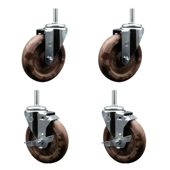 5 Inch High Temp Glass Filled Nylon 5/8 Inch Threaded Stem Caster Set 2 Brakes