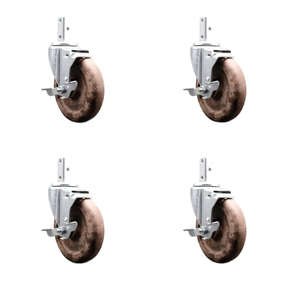 5 Inch High Temp Glass Filled Nylon 7/8 Inch Square Stem Caster Set with Brake